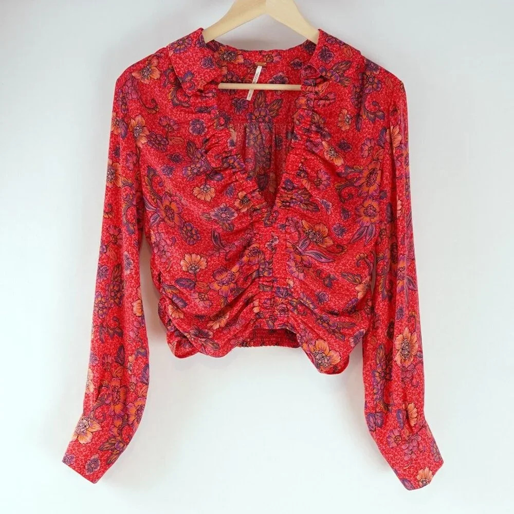 Free People Got You Floral Cinch Blouse in Ruby - S - EUC